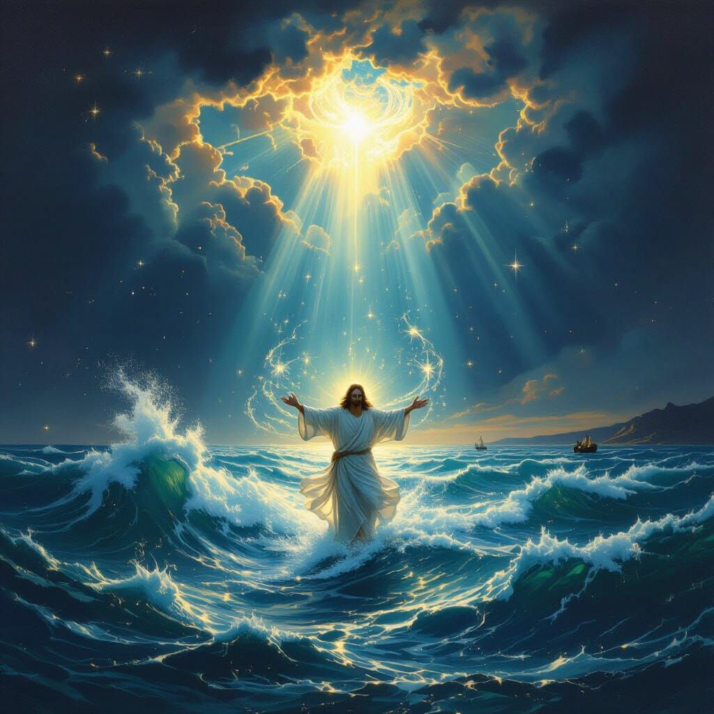 Jesus Dancing on Waves Under Divine Light