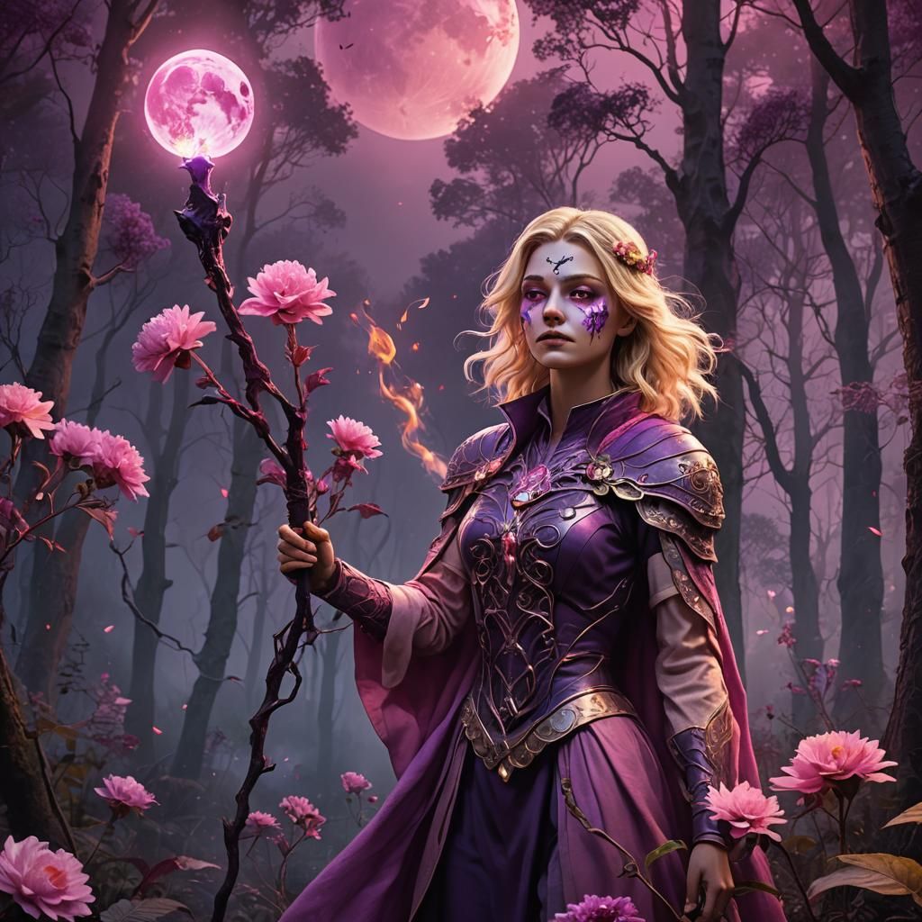 Floral Mask Woman with Torch in Fantasy Forest