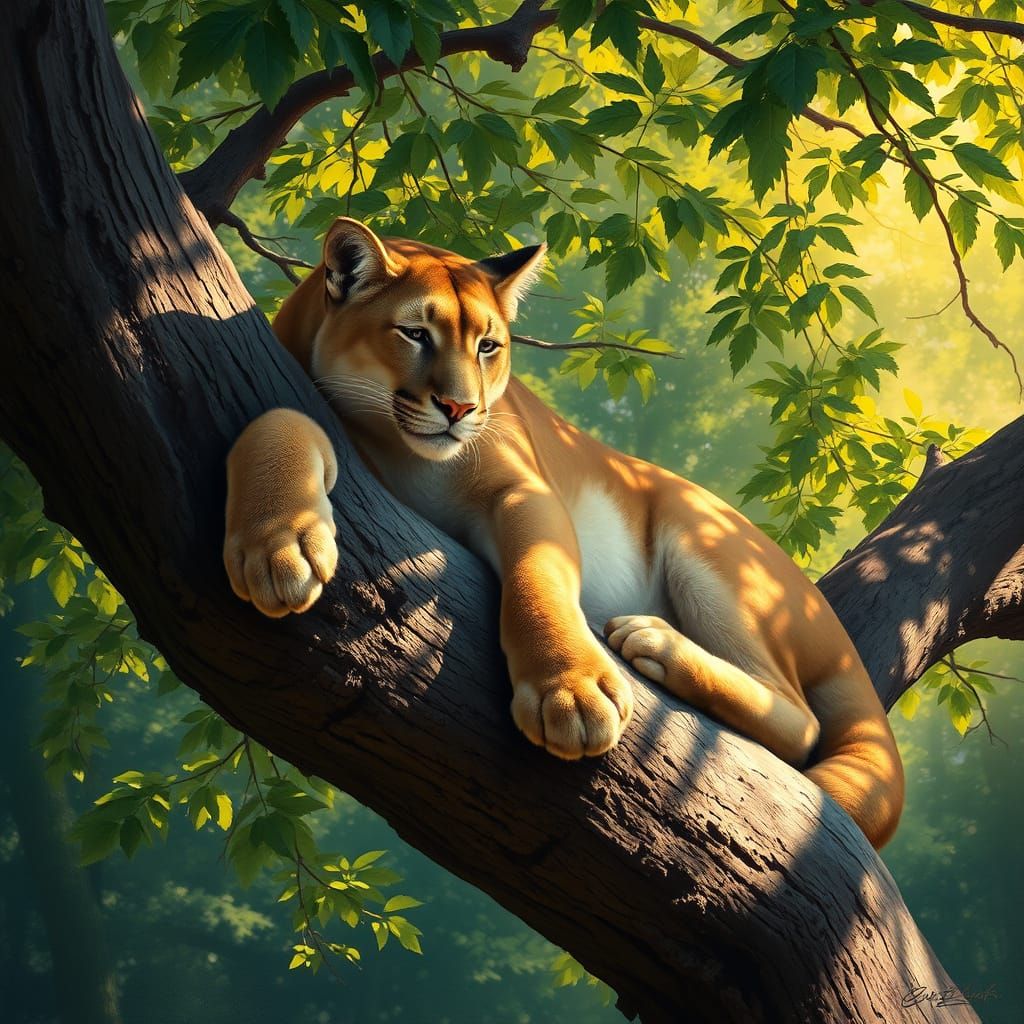 Mountain Lion Asleep on Branch in Wildlife Art Style