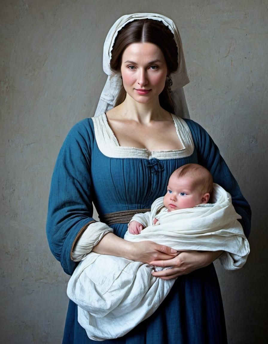 Portrait of traditional peasant mother and baby