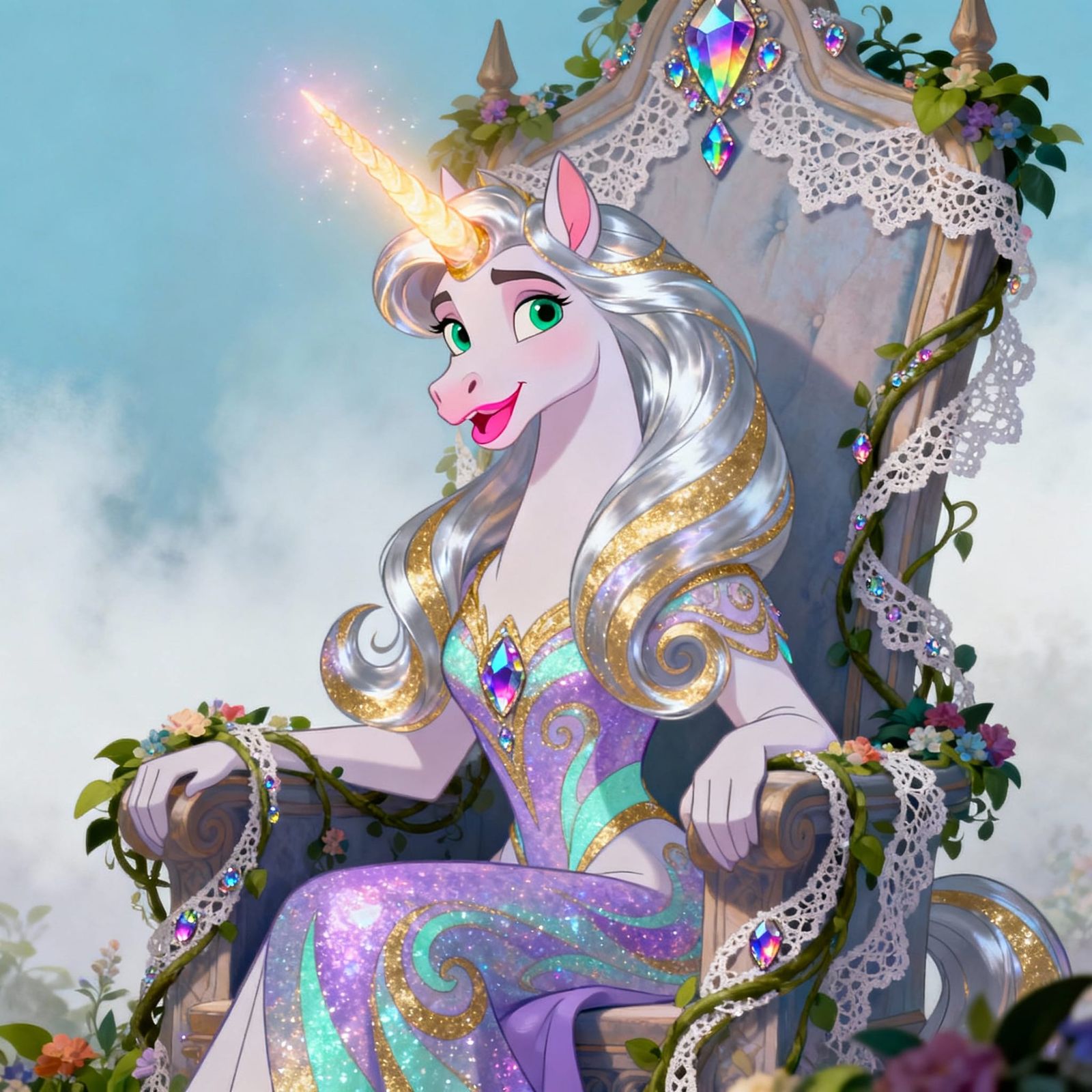 Regal Unicorn Queen on Throne in Lush Garden