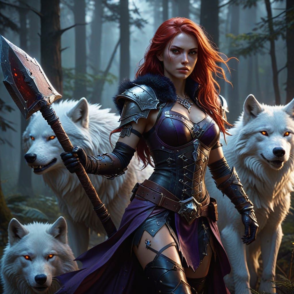 Warrior Girl in Dark Forest, Fantasy Art