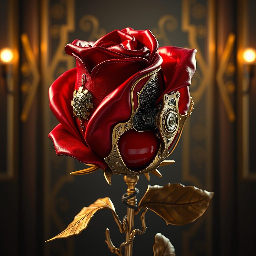 Biomechanical Rose with Golden Inlays in Art Deco Style