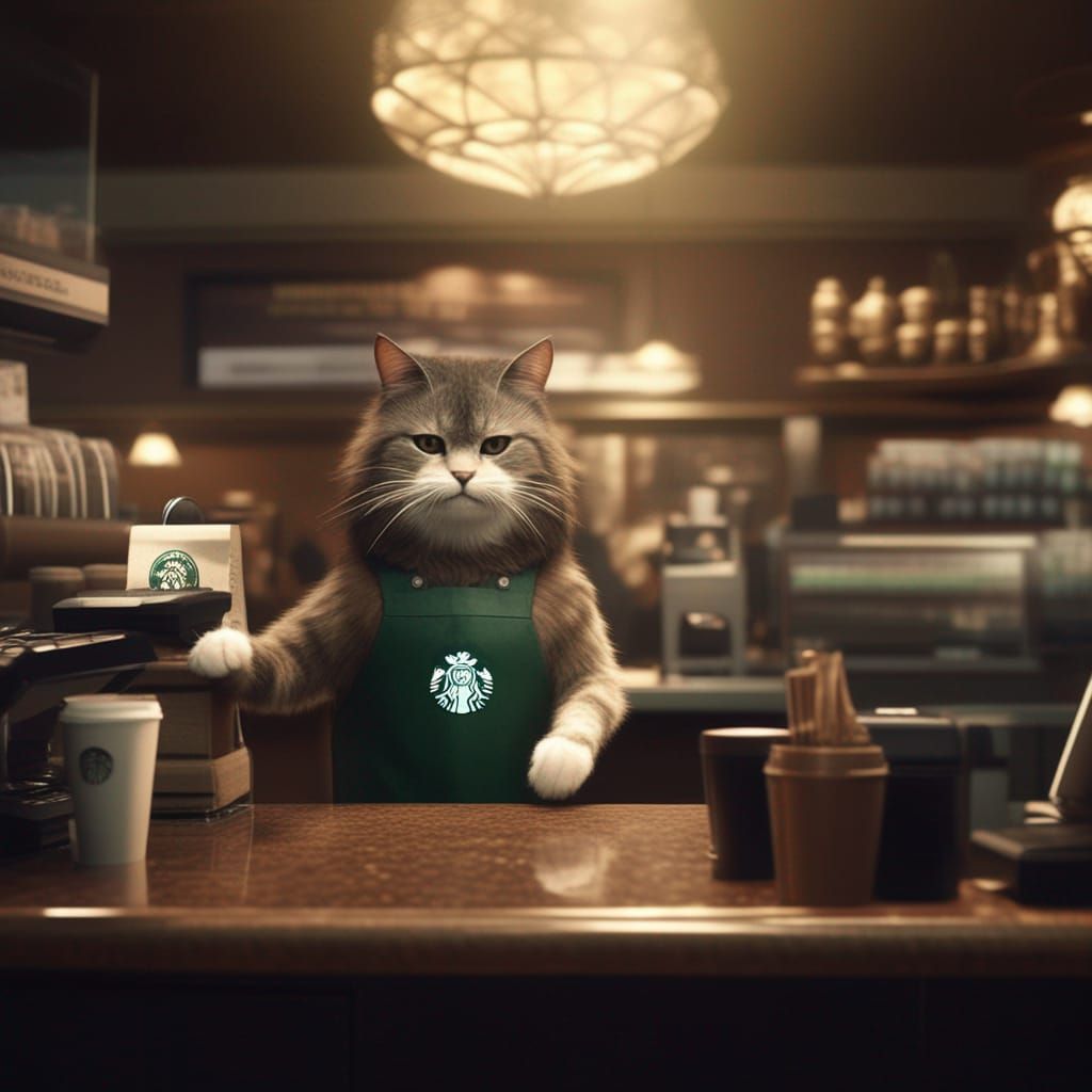 Cat Barista Serving Coffee in Detailed Digital Painting