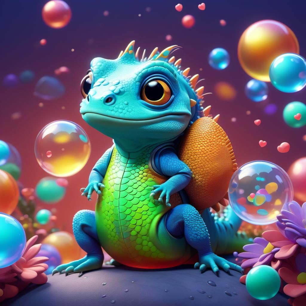 Cute Lizard Queen in Bubble of Love: 3D Render