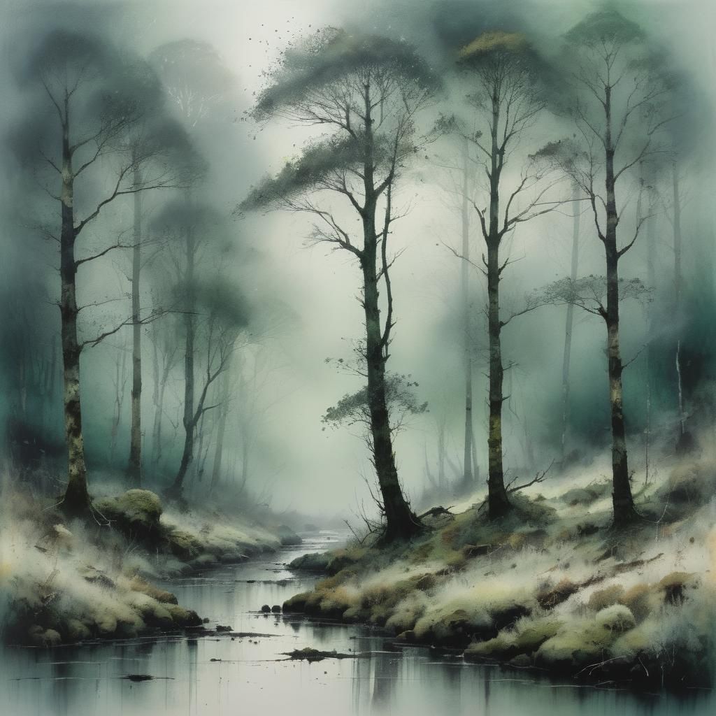 Misty Forest in Moody Green, Detailed Landscape
