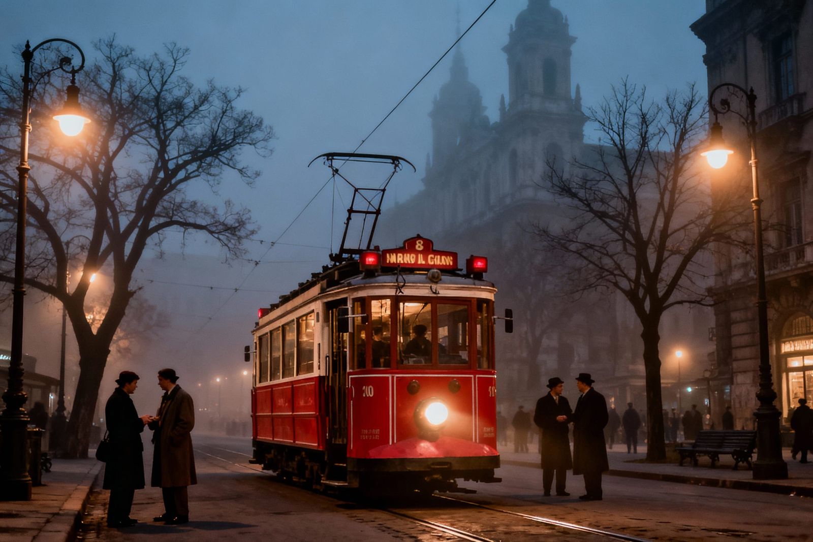 Vintage Red Tram in Misty Twilight Urban Scene