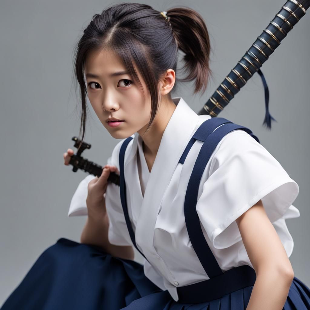 Korean Schoolgirl with Katana Swords
