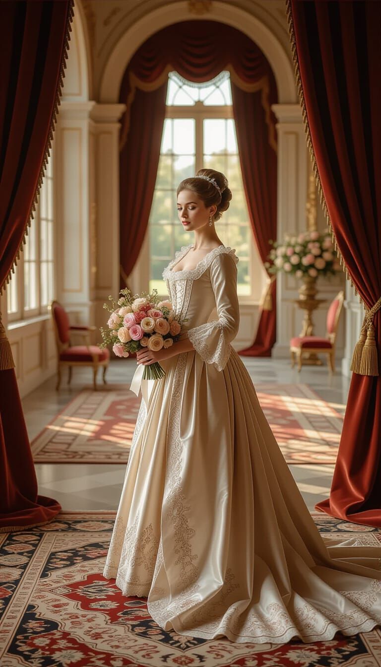 Elegant Woman in 18th Century Hall, Ultra-Realistic Style