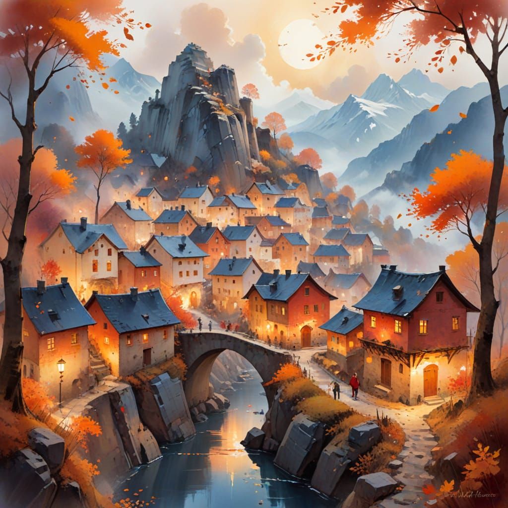 Autumn Village with Lanterns in Watercolor Style