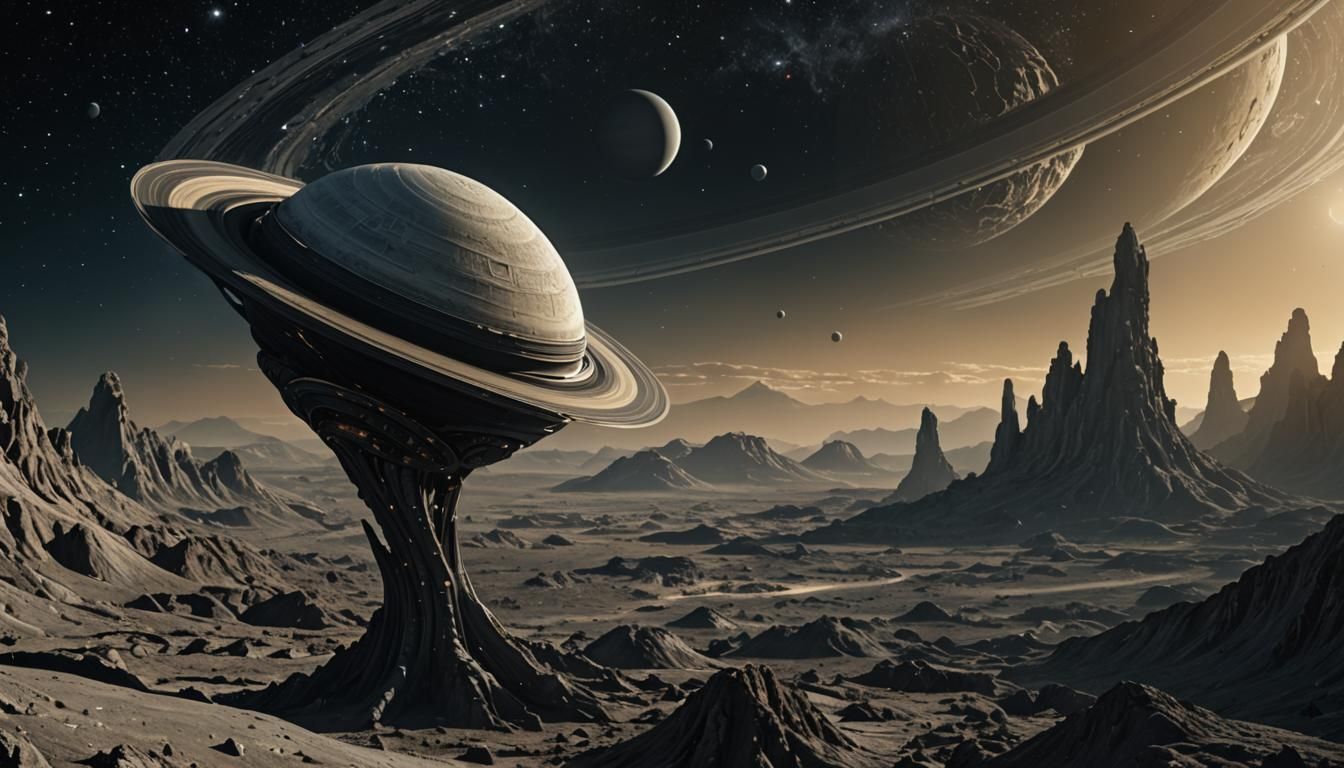 Alien Sculpture on Iapetus with Saturn Rings
