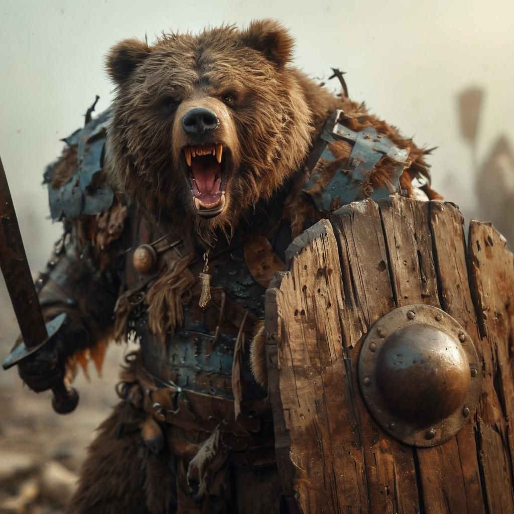 Obese Bear Barbarian Portrait in Apocalyptic Battlefield