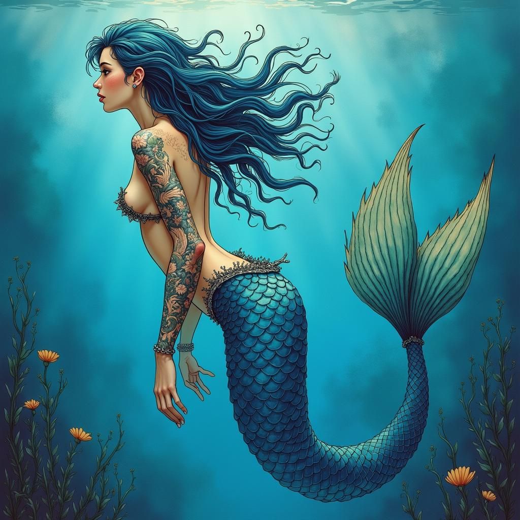 Mermaid Swimming in Blue Reef, Detailed Illustration