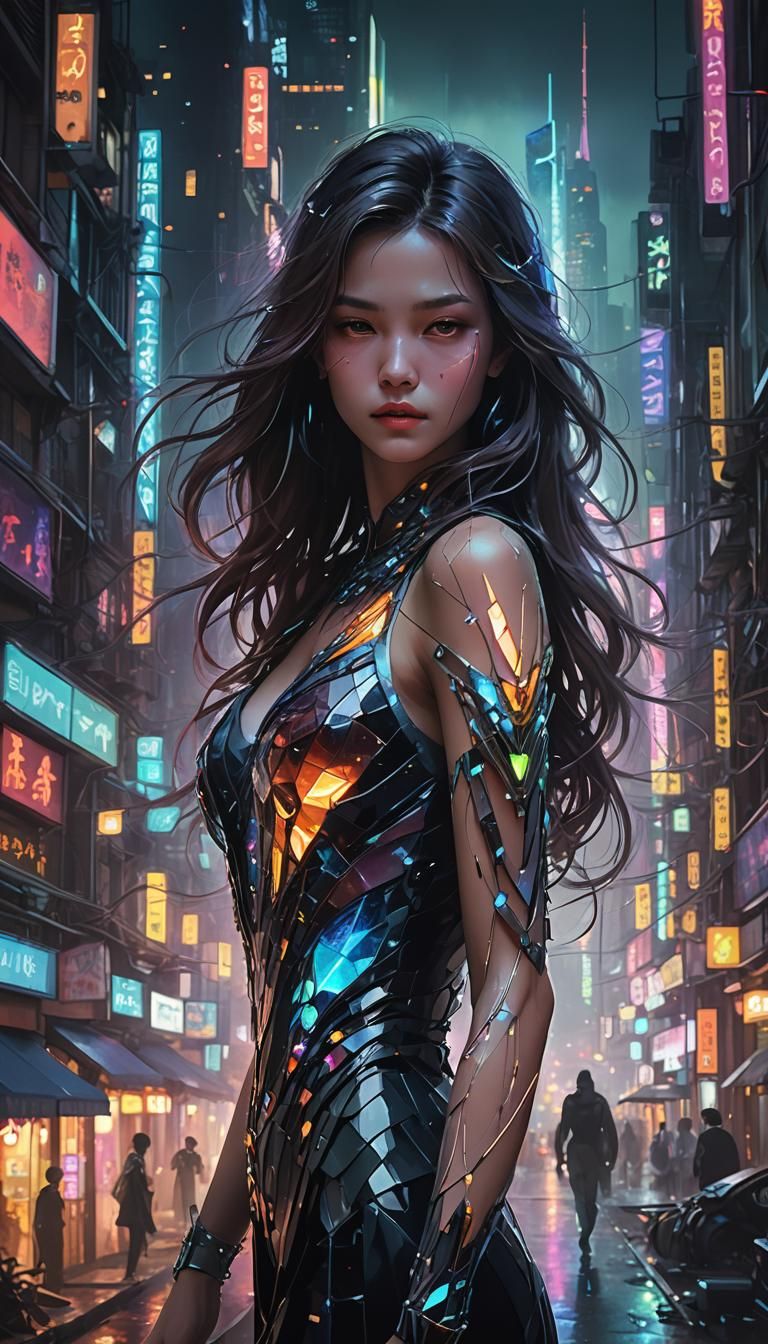 Gemstone Woman in Neon Cityscape, Geometric Art