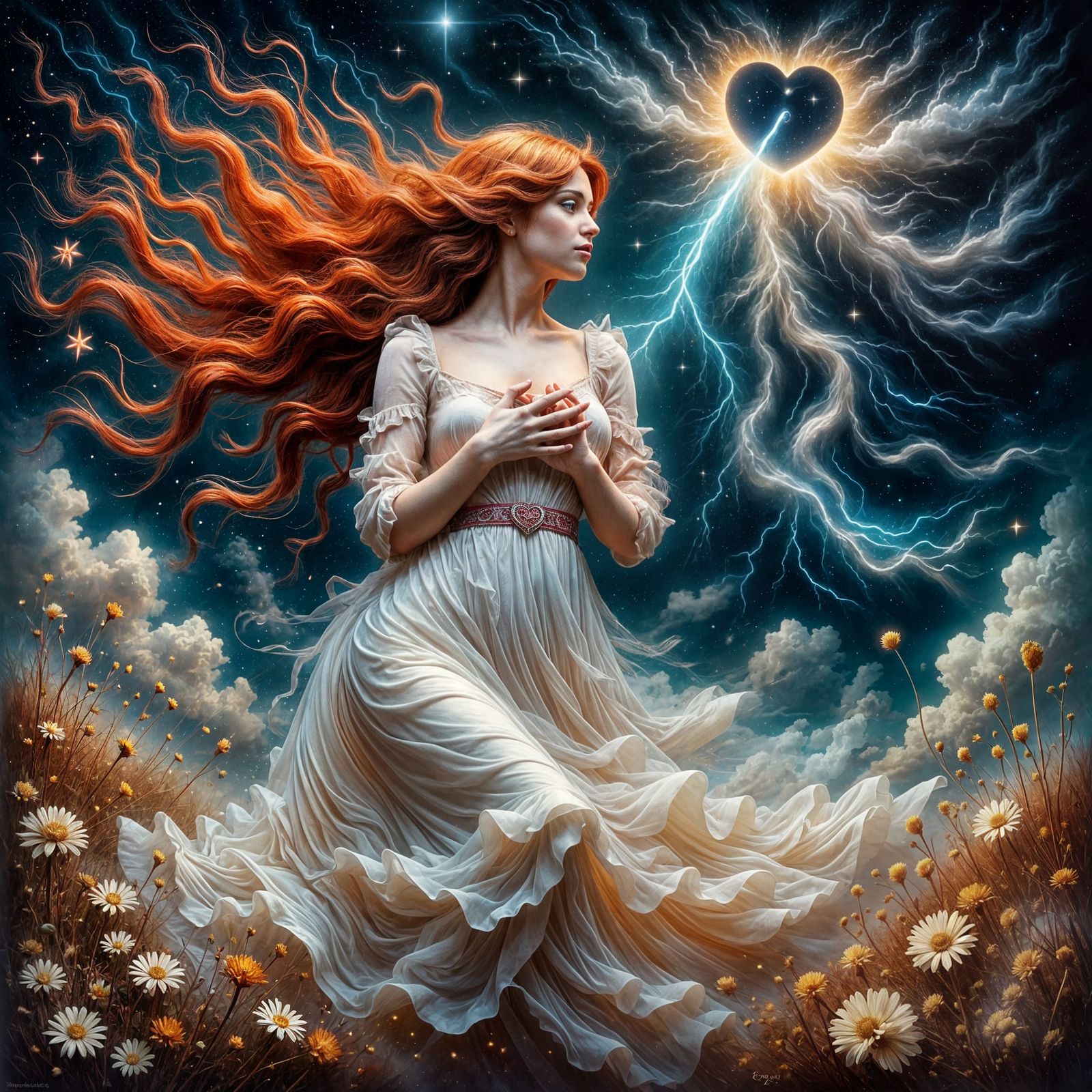 Woman Holds Heart Under Starry Sky