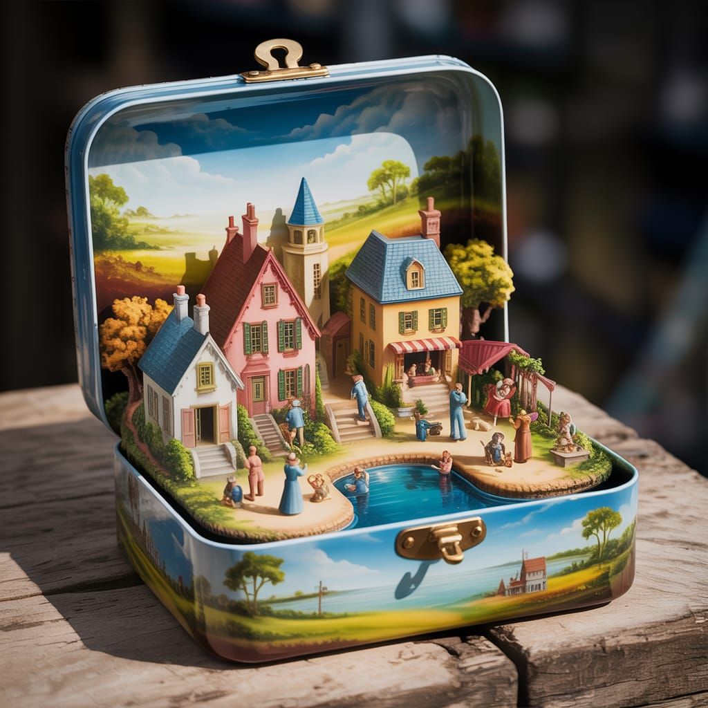 Miniature Village Inside Metal Box, Hyperrealistic Airbrush ...