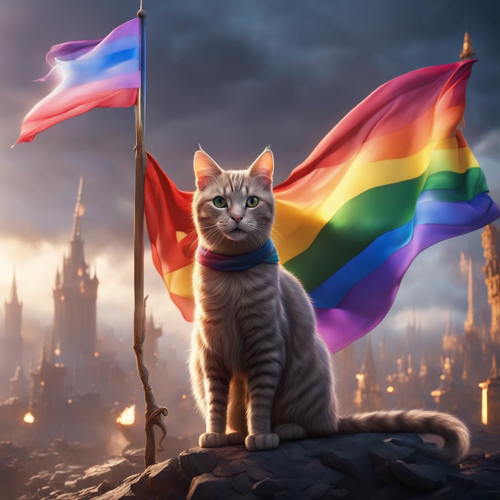 Cat with Pride Flag: Detailed Fantasy Art