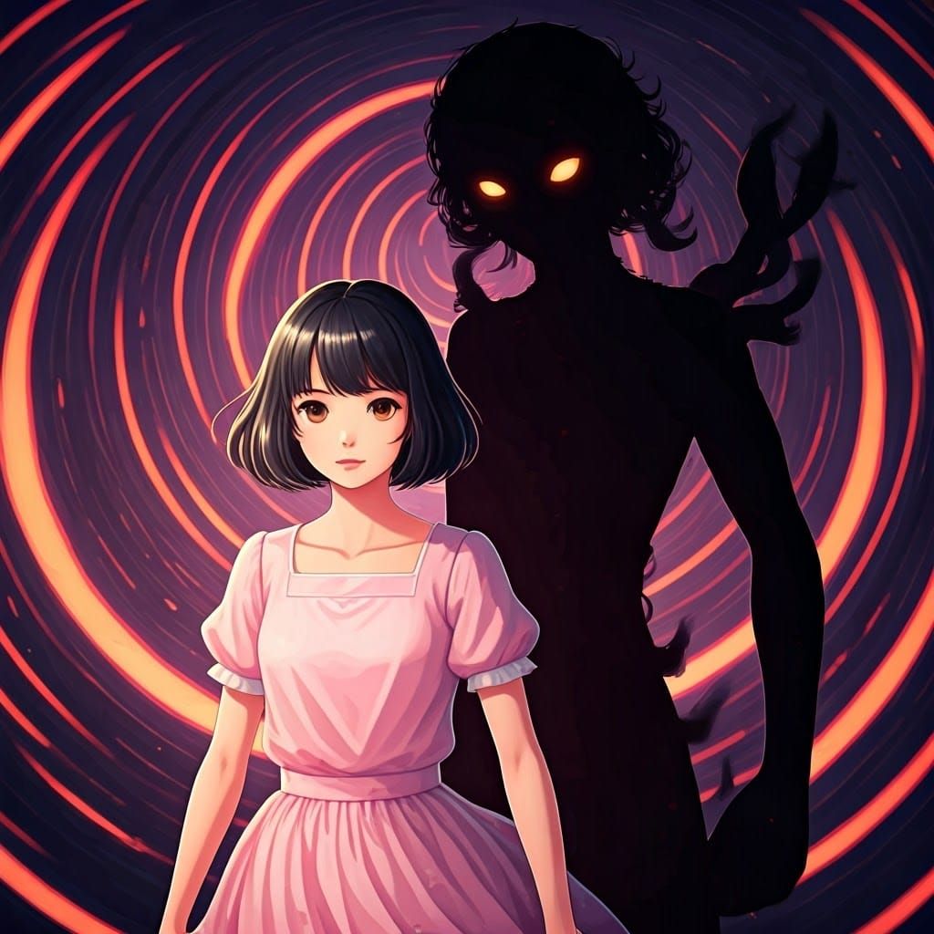 Surreal Anime Girl Confronts Twisted Shadow in Dreamlike Lan...
