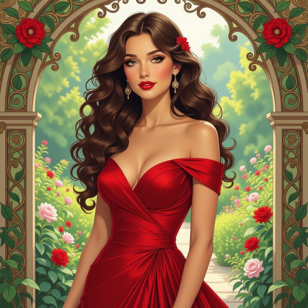 Elegant Woman in Garden, Alphonse Mucha Style