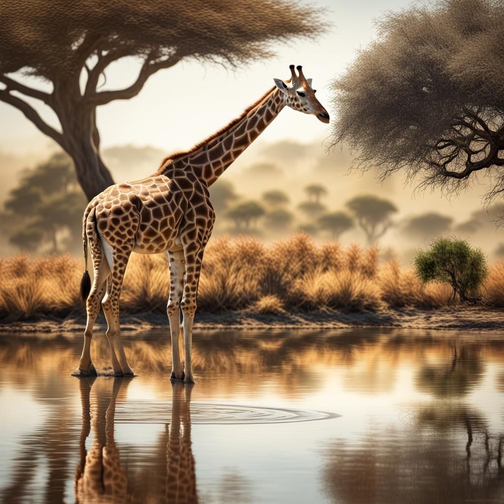 Giraffe Drinking from River in Hyperrealistic Style