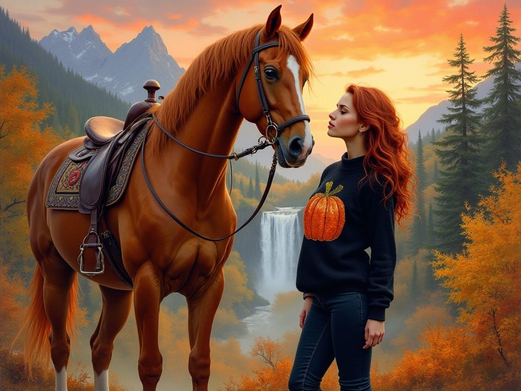 Woman and Horse at Sunset in Detailed Watercolor Style
