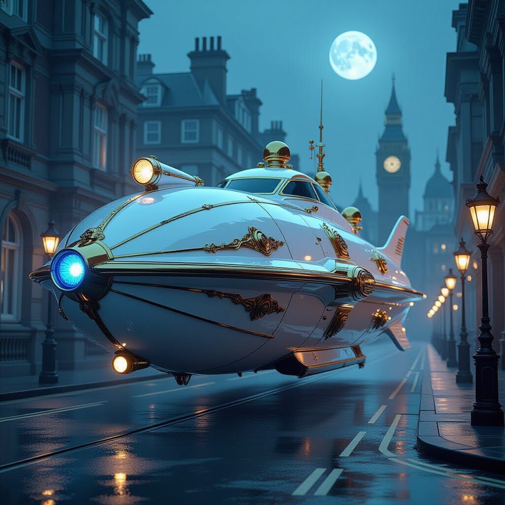 Futuristic Nautilus Car in Moonlit London Streetscape