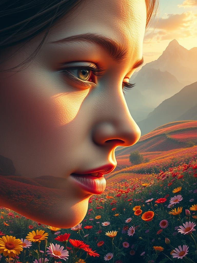 Dreamlike Transformation of a Woman's Face into Vibrant Land...