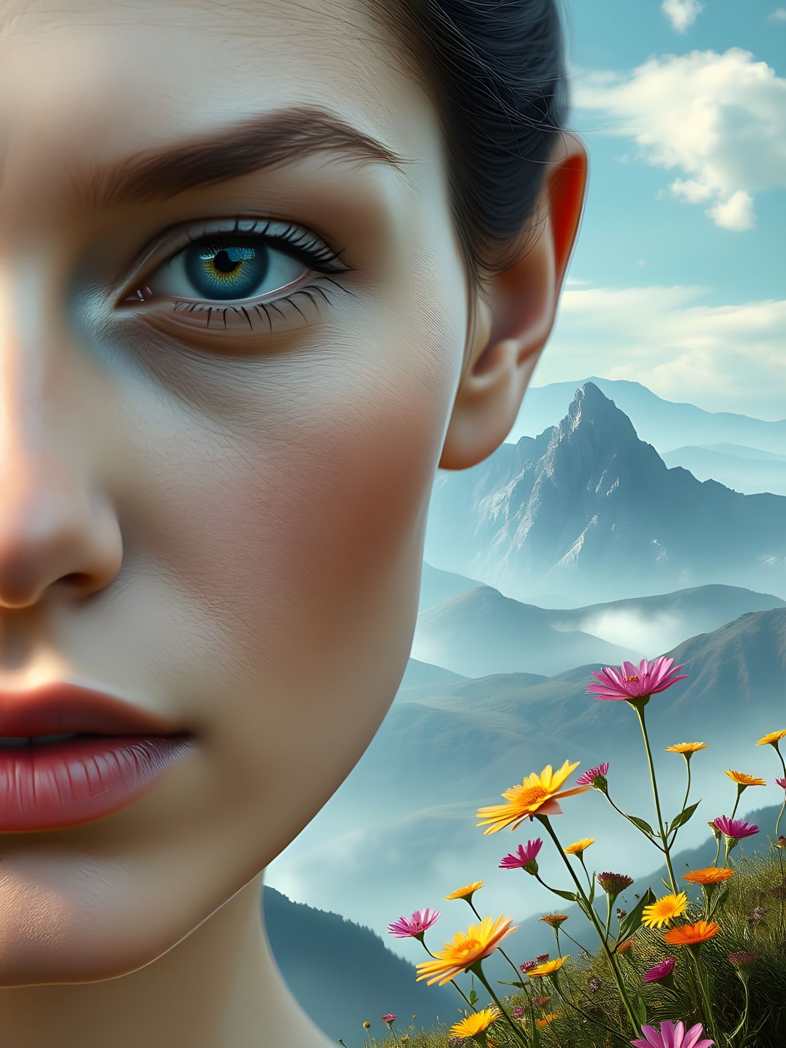 Surreal Woman Transforms into Vibrant Dreamlike Landscape