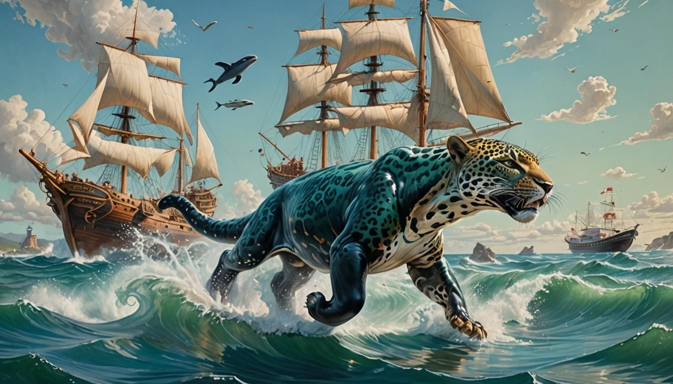 Fantastic Realism Jaguar Whale Ship Seascape