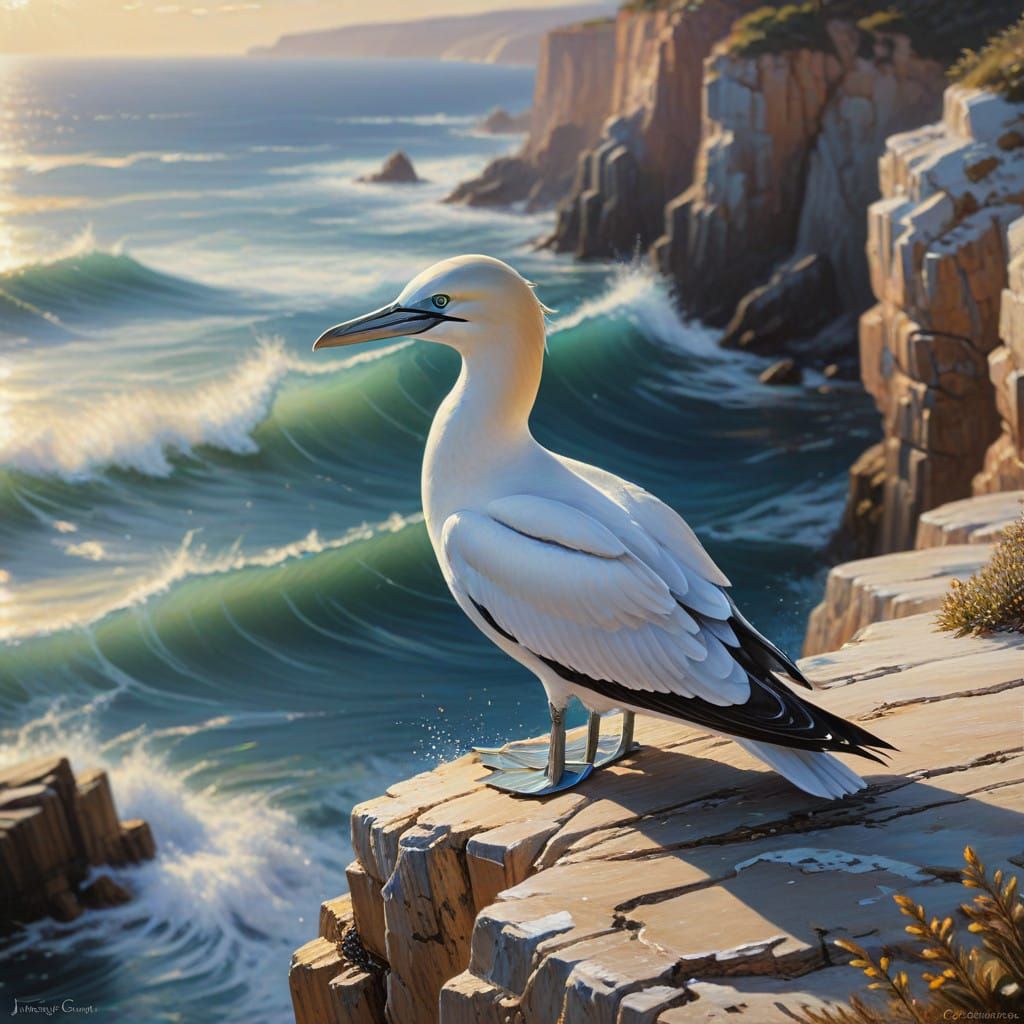 Serene Northern Gannet Oil Painting in Impressionistic Style