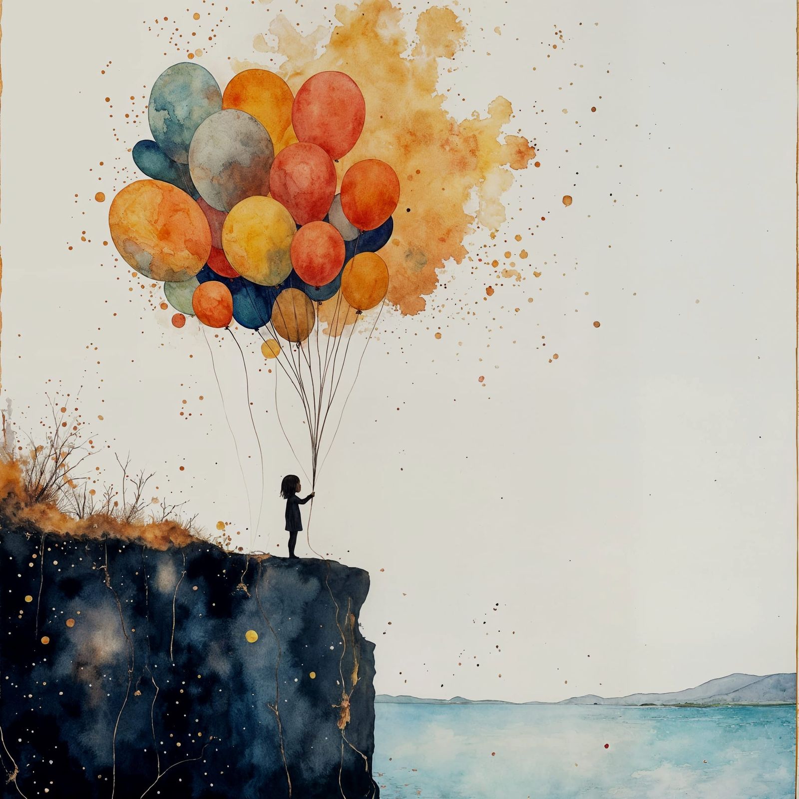 Child With Balloons Submerged Underwater in Watercolor