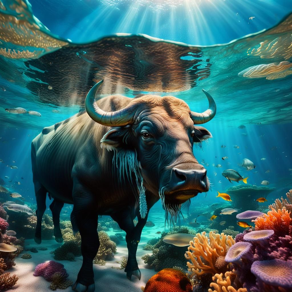 Underwater Buffalo in Coral Reef Scene
