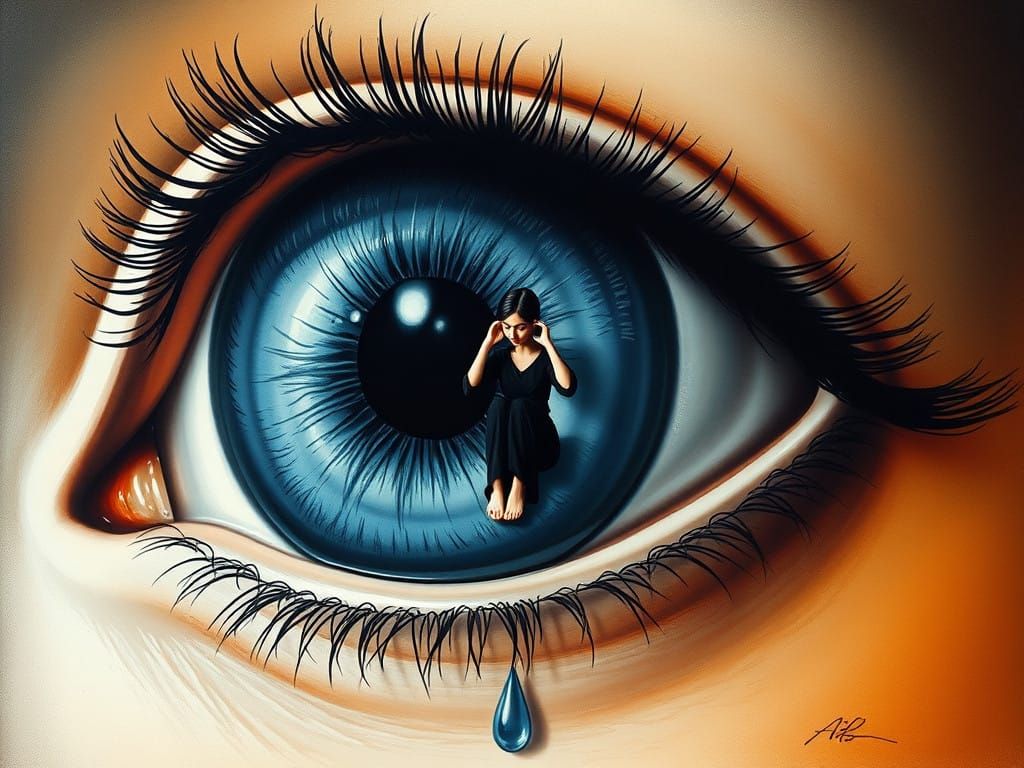 A surreal digital illustration depicts an enormous human eye dominating the composition. The eye's iris is a complex ble...