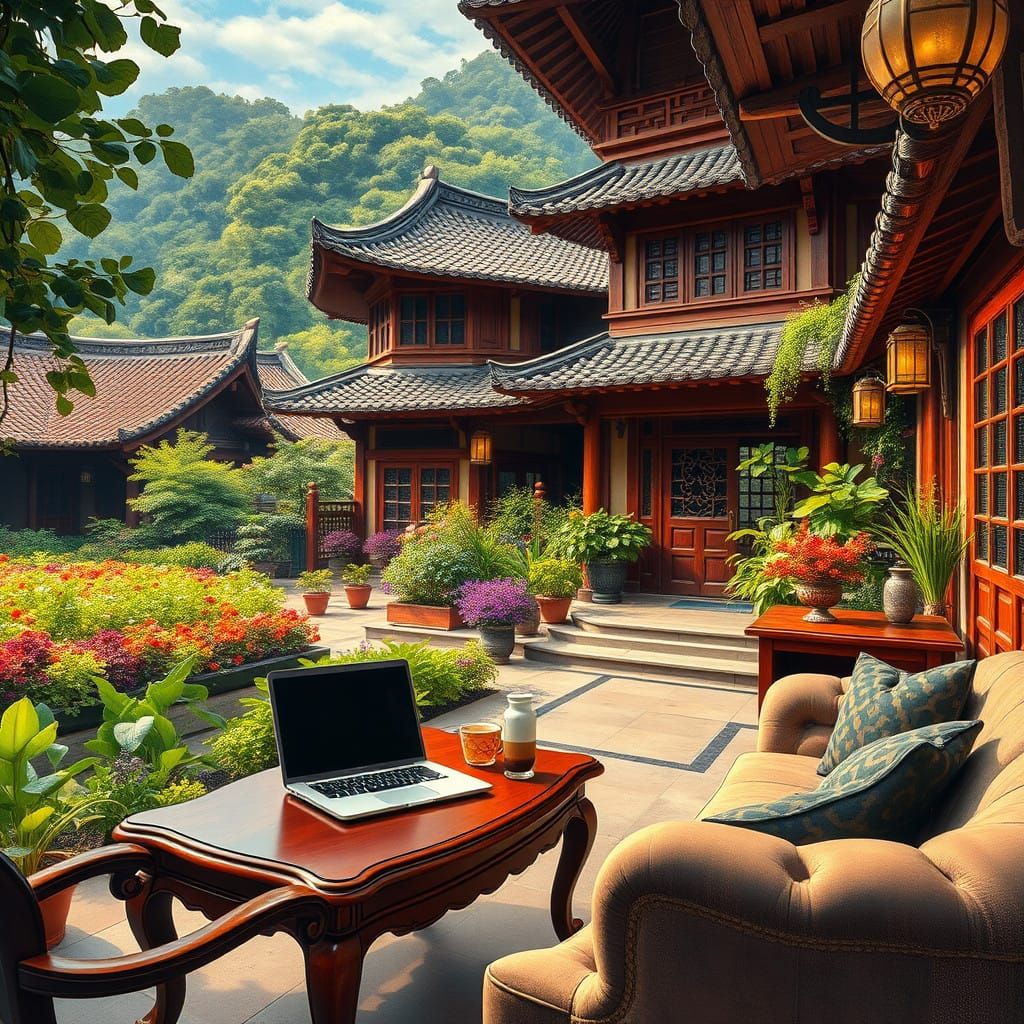 Elegant Chinese Luxury Oasis in Gouache Style