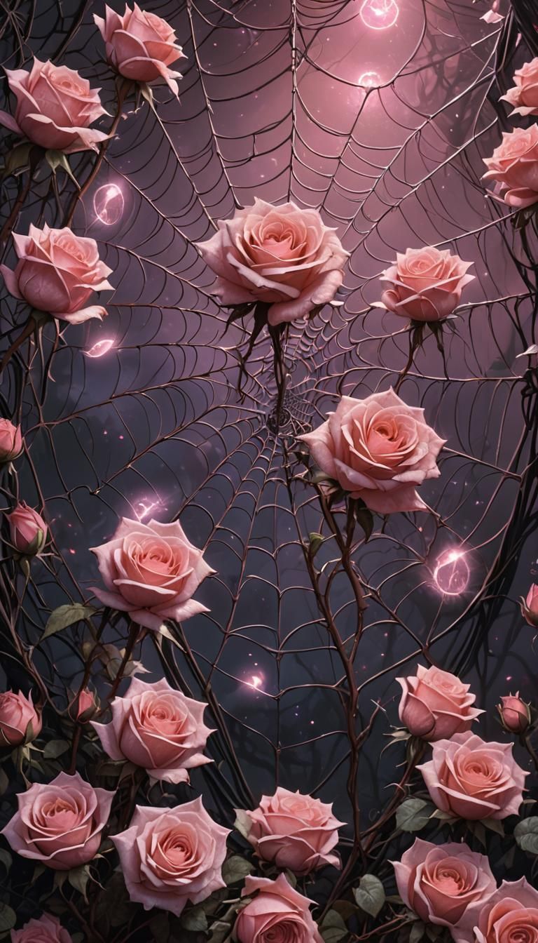 Enchanting Spiderweb Entraps Dusty Pink Roses in Cosmic Dark...