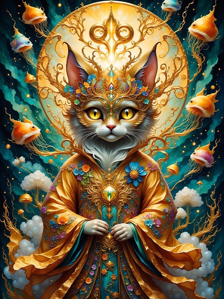 Anthropomorphic Cat God with Golden Mask, 3D Render