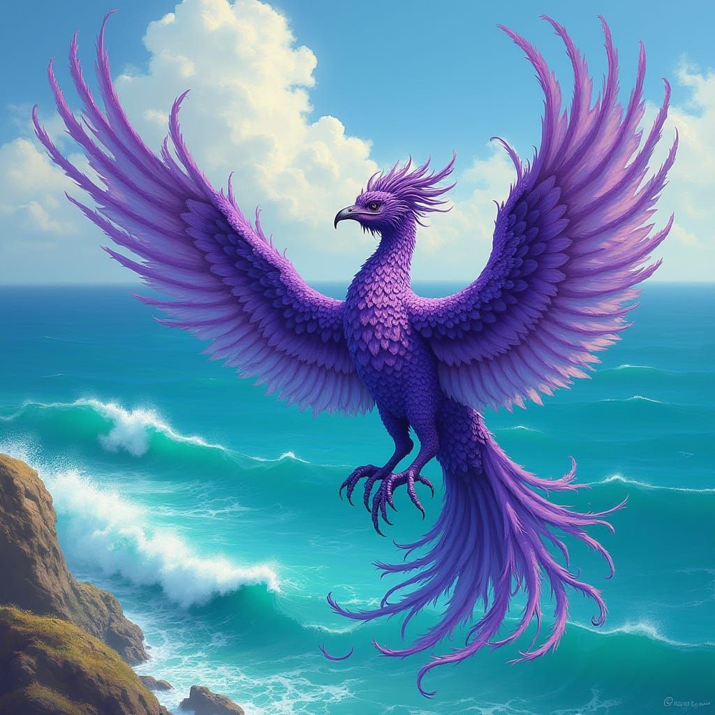 Purple Phoenix Soaring Over Turquoise Sea