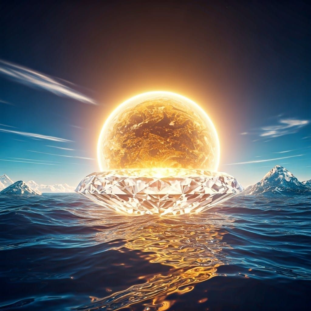 Serene Golden Planet Rides Cosmic Diamond Boat