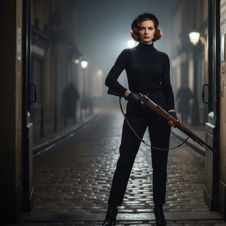 Determined Woman with Rifle in 1940s Paris Night