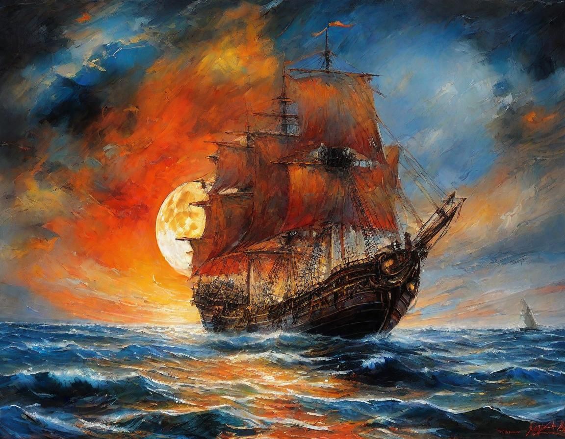 Halloween Moon Illuminates Fantasy Ship, Detailed Seascape