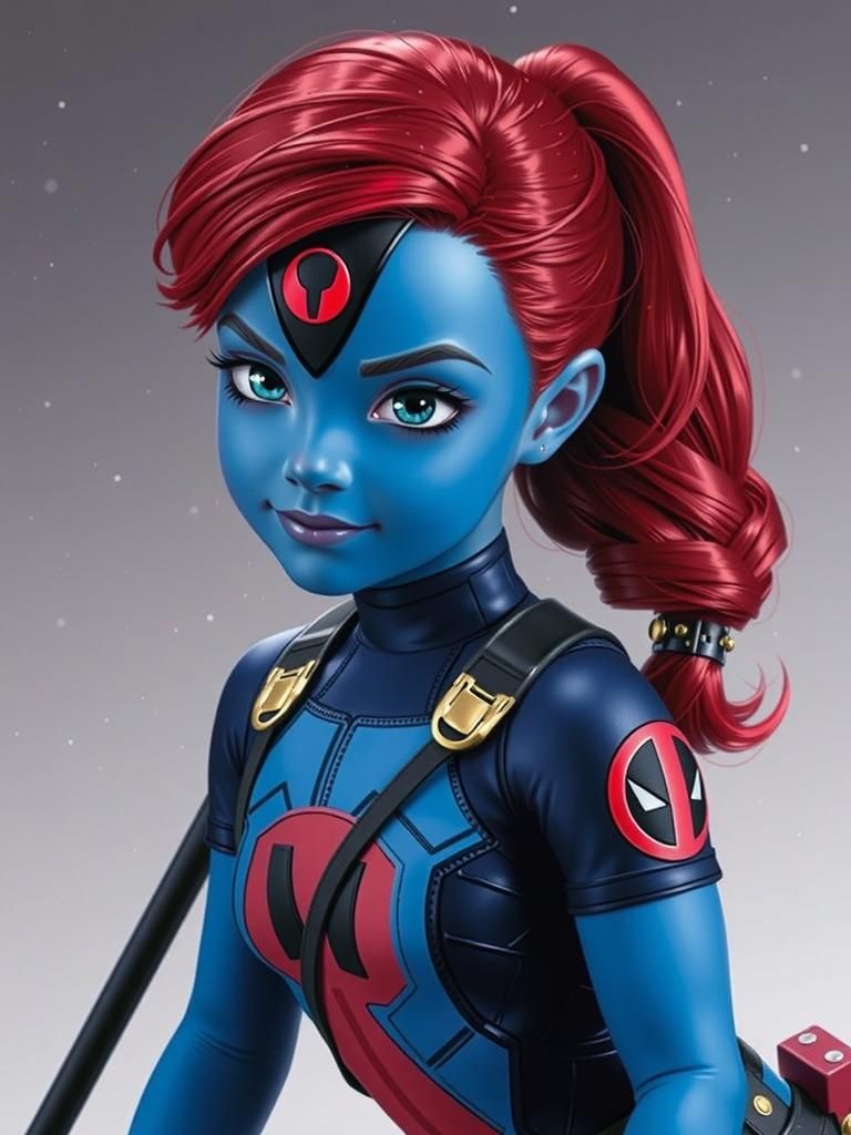 Blue-Skinned Girl in Deadpool Suit, Digital Art