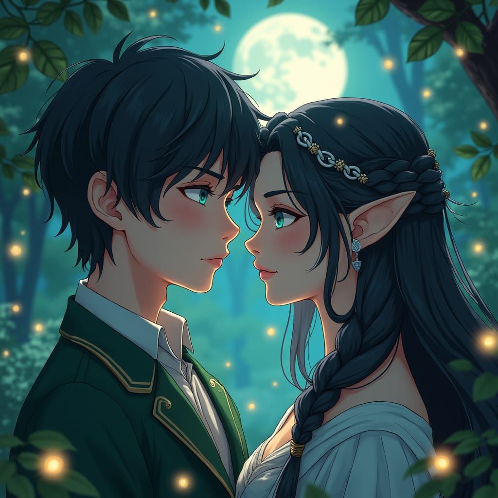 Elf and Human Lovers in Moonlit Forest