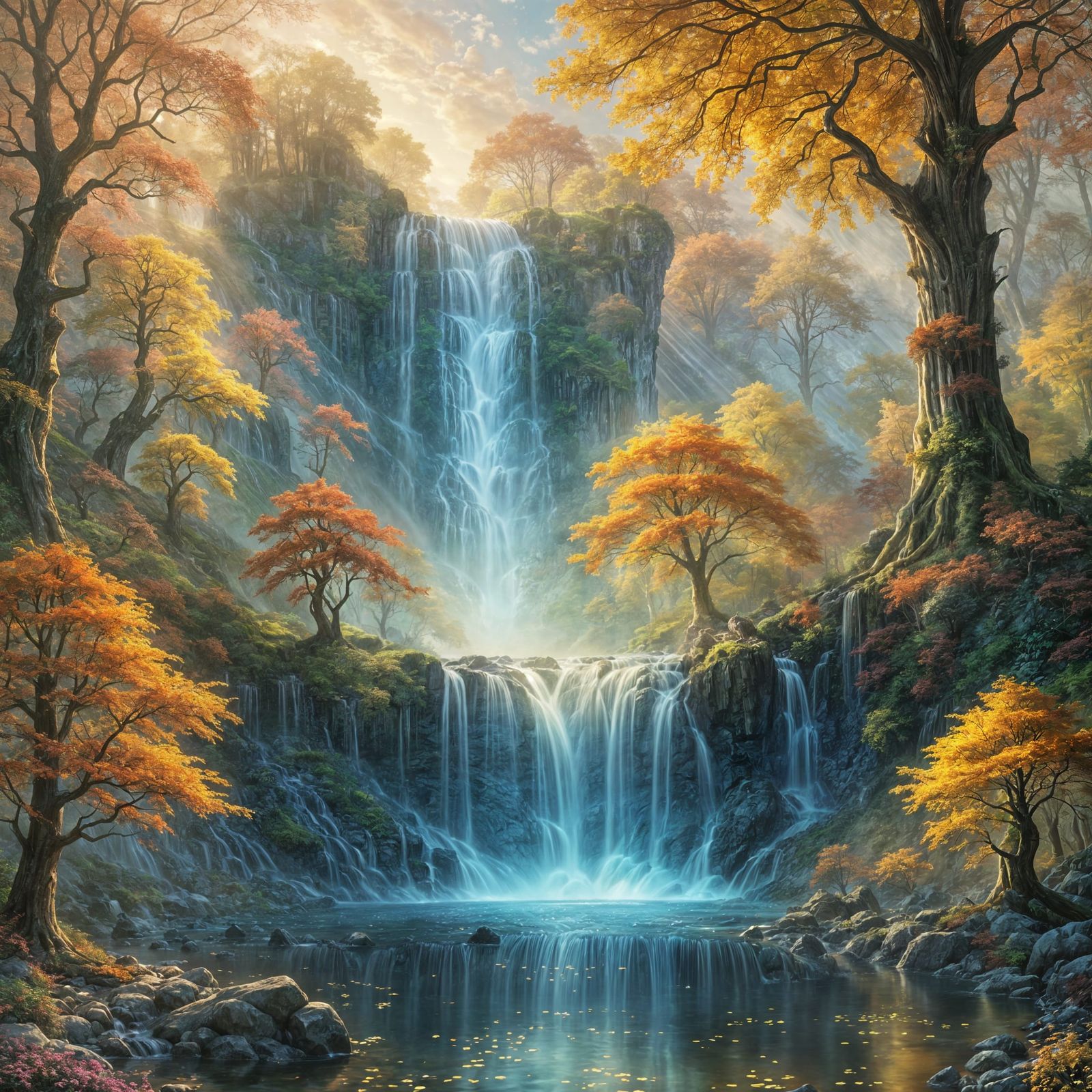 Bioluminescent Autumn Waterfall in Ethereal Mist