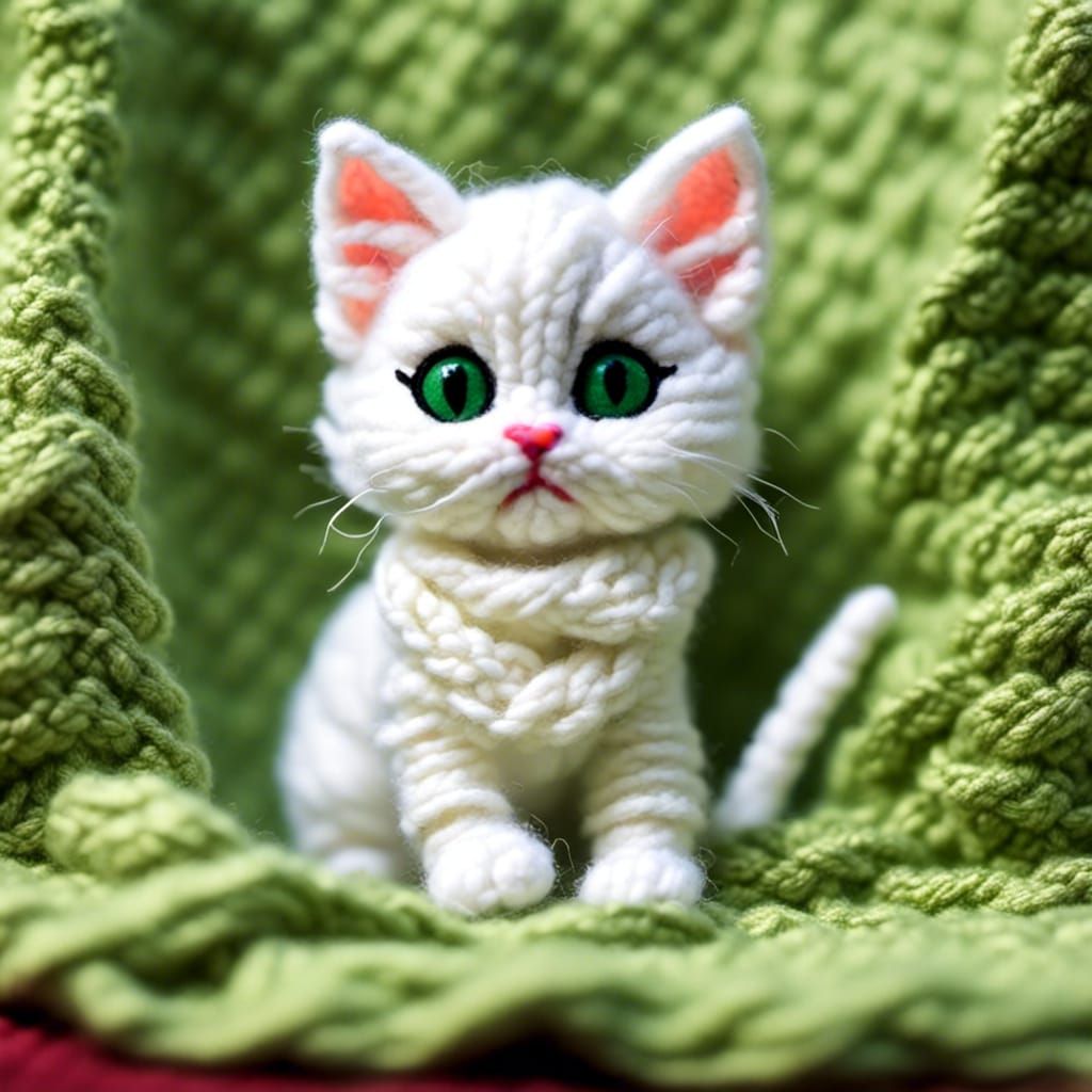 Cute Chibi Yarn Cat on Knitted Blanket