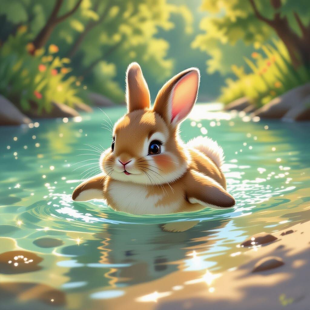 Bunny with Flippers Swims Like a Penguin