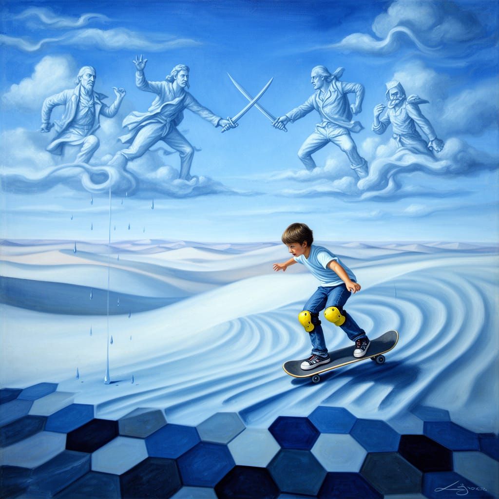 Surreal Skater Boy in Azure Sky with Dueling Figures