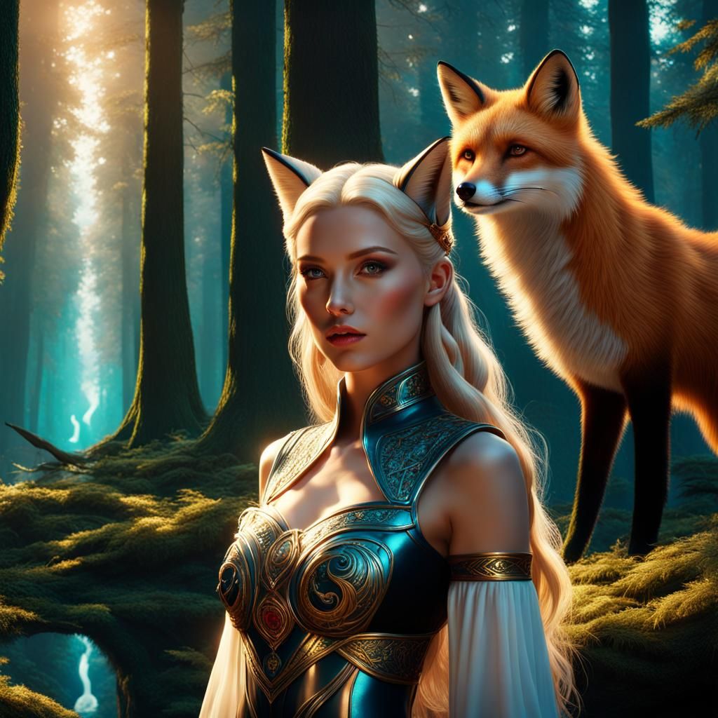 Fox-Humanoid Hybrid in a Fantastical Forest
