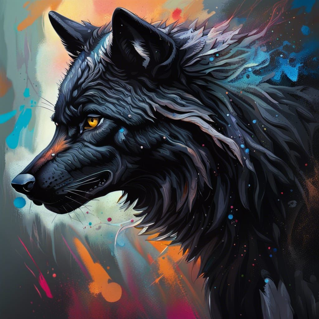 Detailed Black Wolf in Splash Art Style