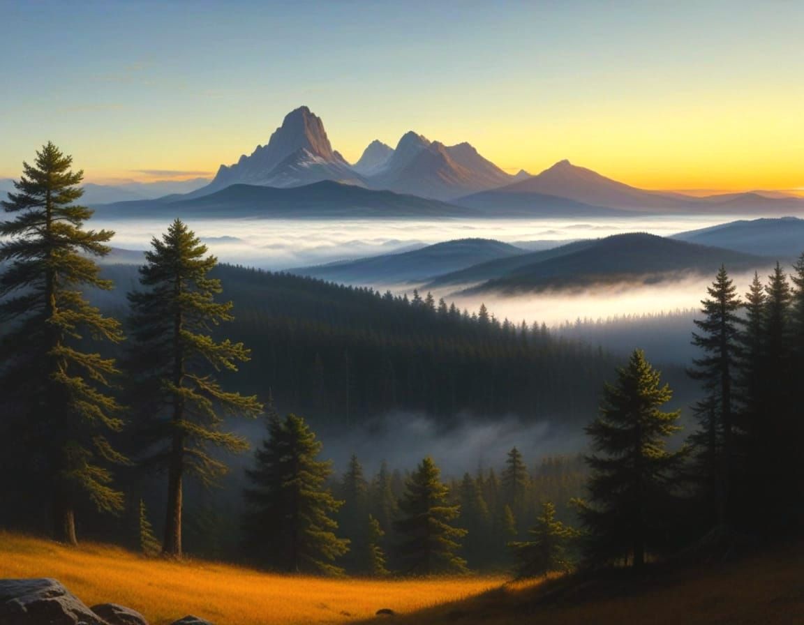 Primordial Pine Forest Sunrise Painting