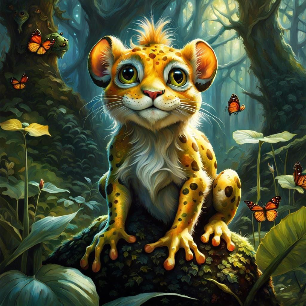 Enchanted Frog-Lion in Fantasy Forest: Digital Art